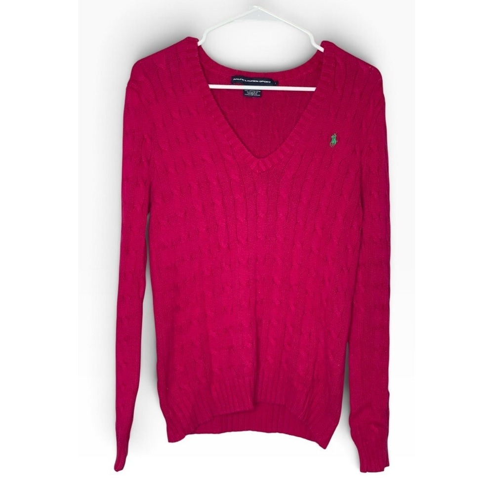 Ralph Lauren Sport Pink Cable Knit V-Neck Sweater Women Large Cotton Fisherman